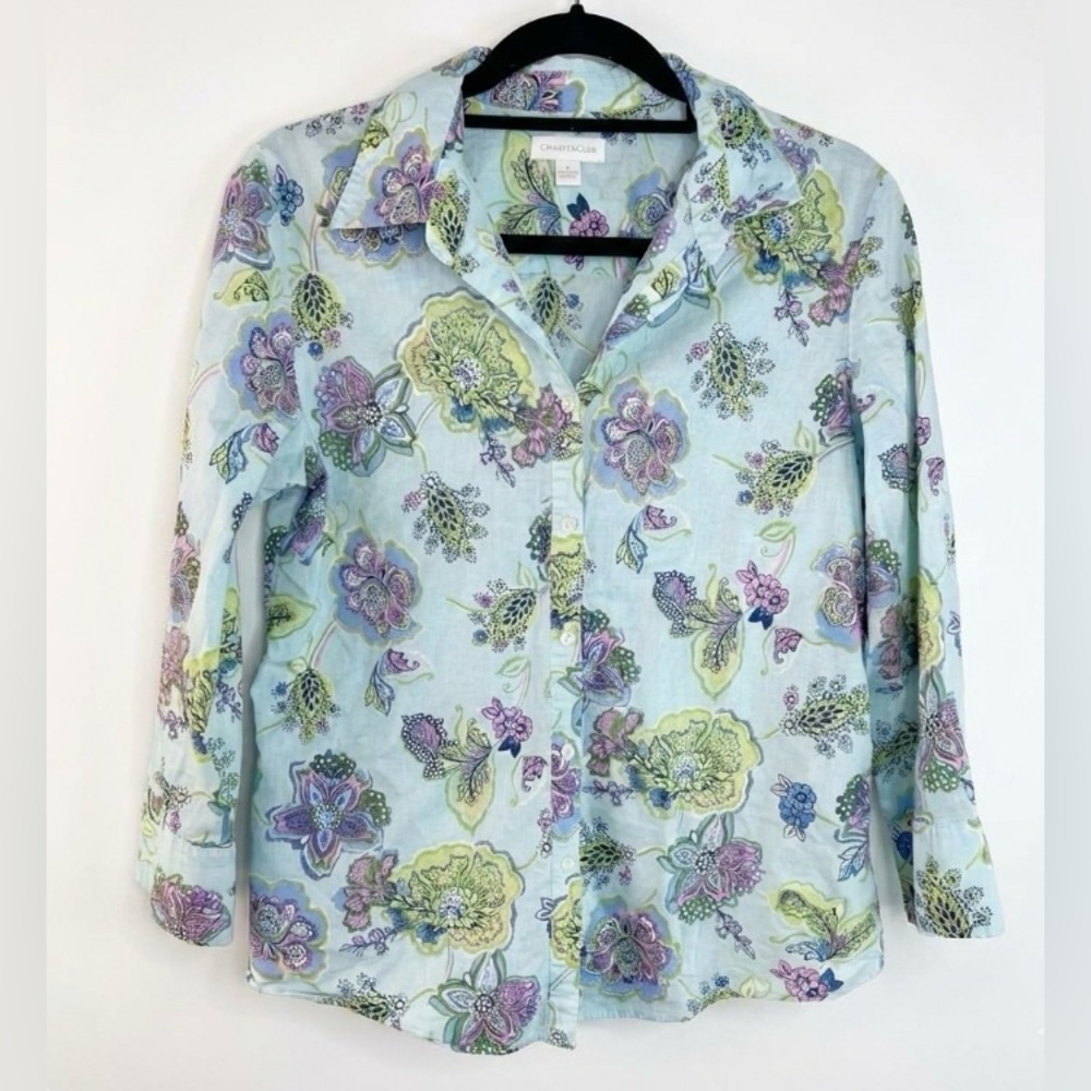 Charter Club Floral Print Button Down Shirt Women's Blue Purple Cotton 8